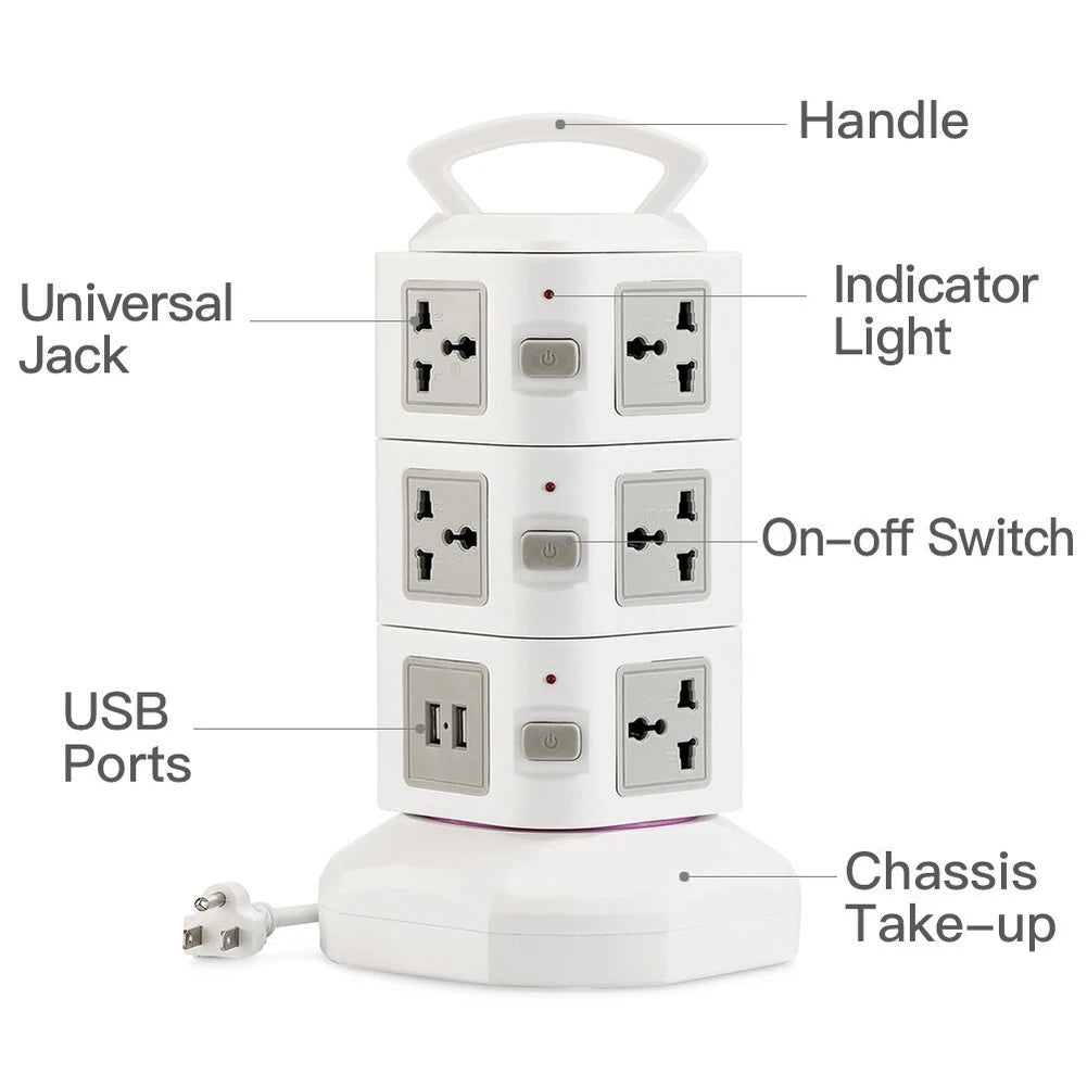 Tower Power Strip Surge Protector Vertical Multi Sockets 7/11/15/19 Way Universal Outlets Plug Socket 2 USB 3m Extention Cord