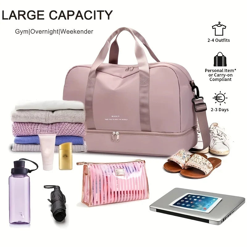 Expandable Travel Duffle Luggage Bag Sports Handbag Fitness Bag Large Capacity Women's One Shoulder Weekend Overnight Bag