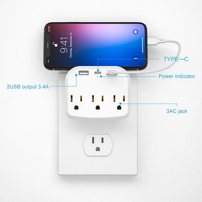 3 USB 3.4A US Plug Outlet Extender USB Wall-mounted Socket Charger