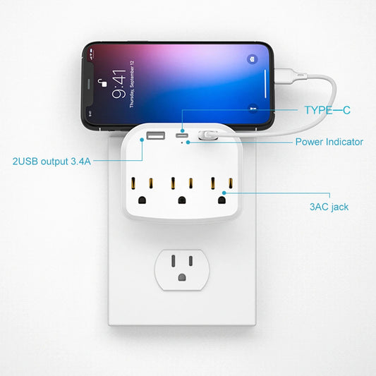 3 USB 3.4A US Plug Outlet Extender USB Wall-mounted Socket Charger