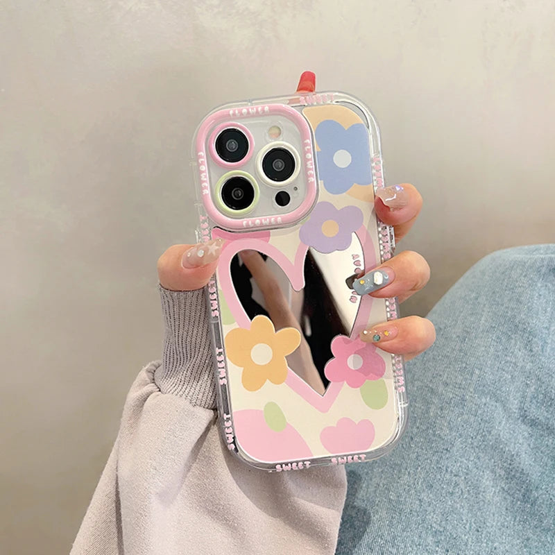 Love Heart Flowers Mirror Phone Case For iPhone